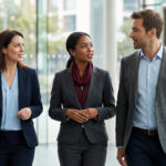 Trois professionnels souriants et bien habillés (deux femmes, un homme) discutent en marchant dans un couloir de bureau lumineux.
