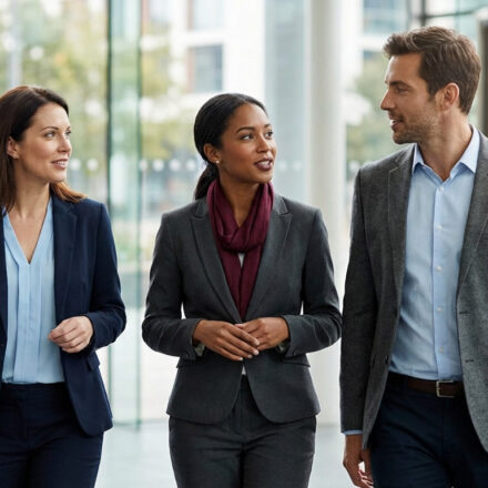 Beauté et image professionnelle : les codes pour réussir Trois professionnels souriants et bien habillés (deux femmes, un homme) discutent en marchant dans un couloir de bureau lumineux.