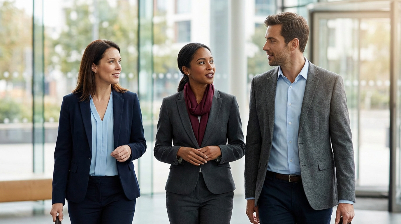 Trois professionnels souriants et bien habillés (deux femmes, un homme) discutent en marchant dans un couloir de bureau lumineux.