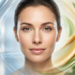 Portrait frontal d'une femme à la peau nette, avec à gauche un arrière-plan bleu futuriste et à droite des éléments naturels et cosmétiques.