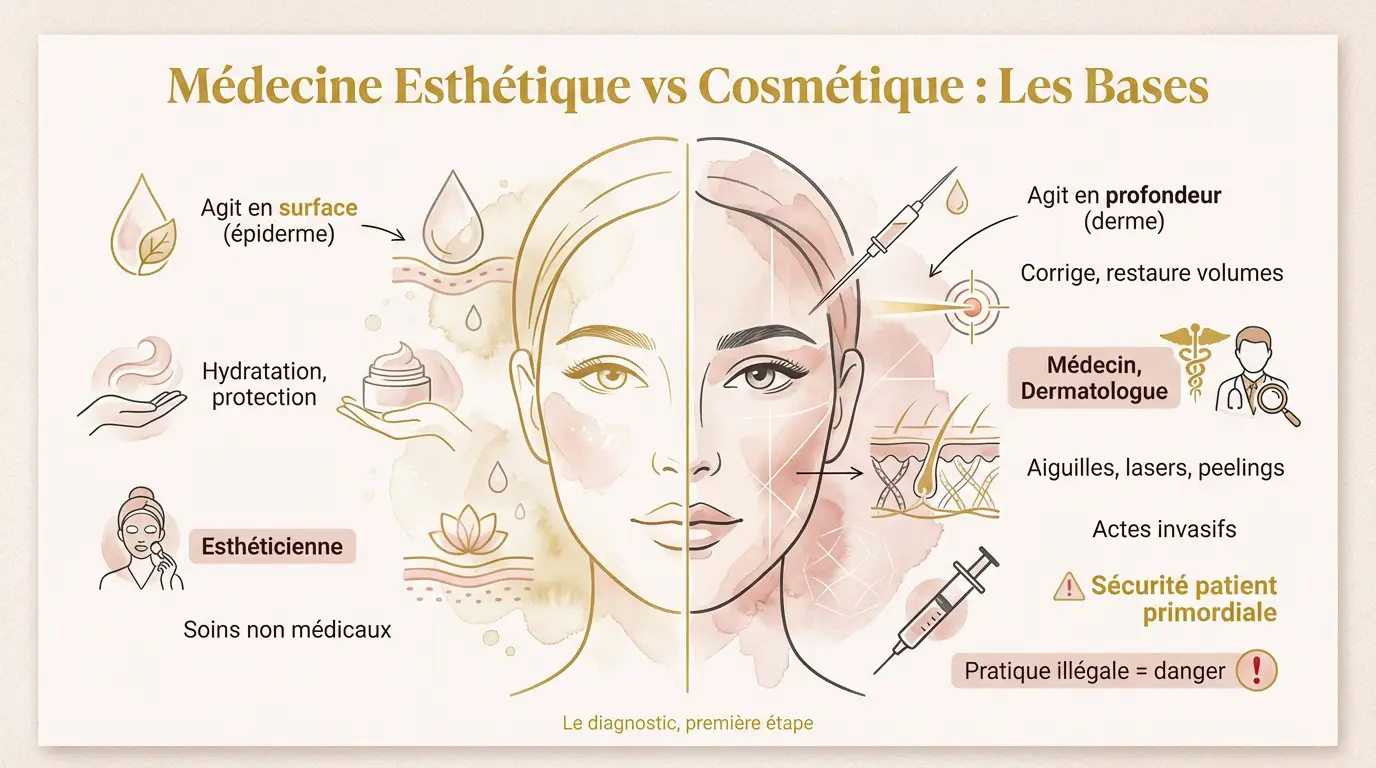 Flacon de sérum et seringue d'acide hyaluronique pour illustrer les différences de soins