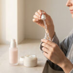 Une femme en peignoir applique un sérum visage avec une pipette, entourée de crème et lotion près d'une fenêtre lumineuse.