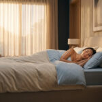 Femme dormant paisiblement sur le côté dans un lit douillet aux draps bleus et couette beige. La lumière naturelle baigne la chambre.