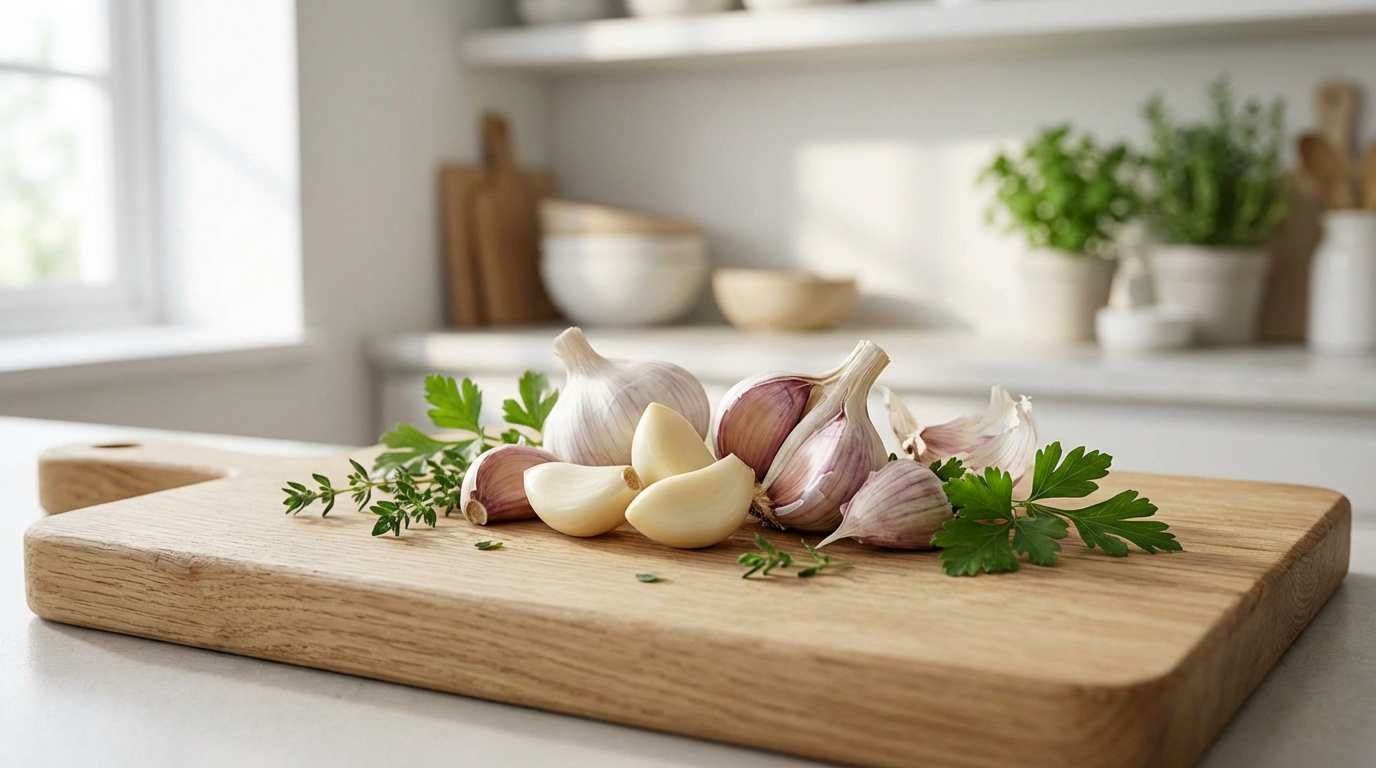 Gousses et têtes d'ail frais, persil et thym sur une planche à découper en bois dans une cuisine lumineuse.