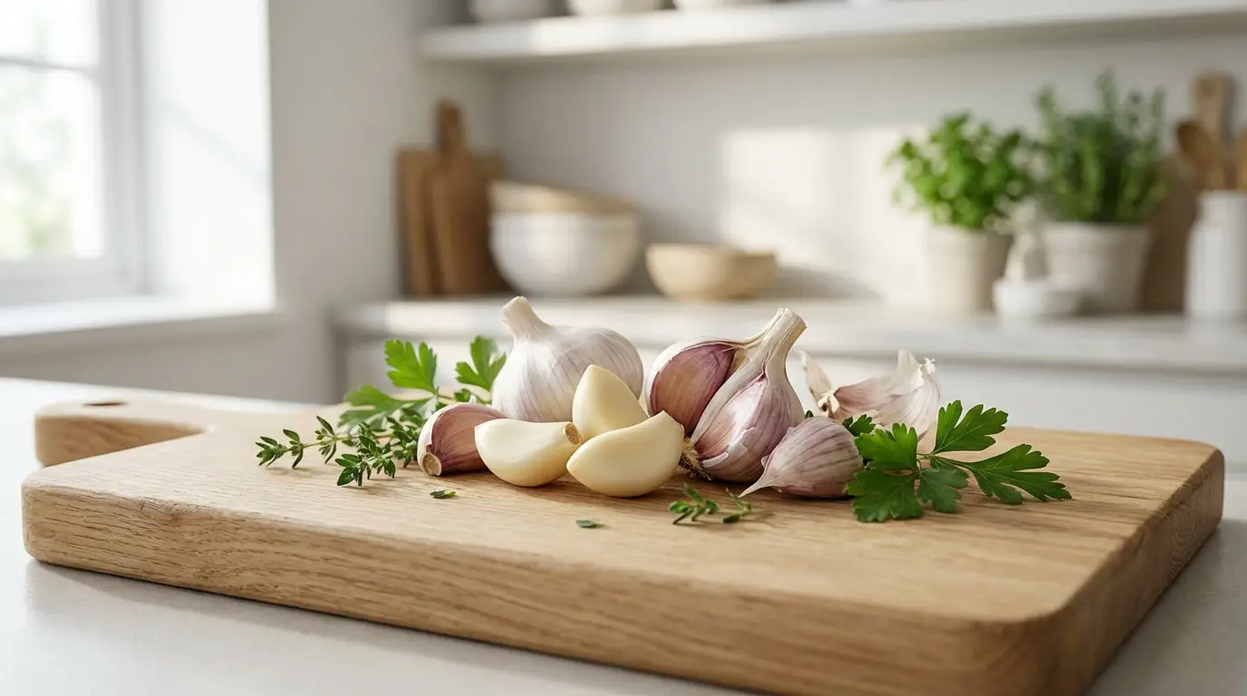 Tout savoir sur les bienfaits de l’ail pour votre santé Gousses et têtes d'ail frais, persil et thym sur une planche à découper en bois dans une cuisine lumineuse.