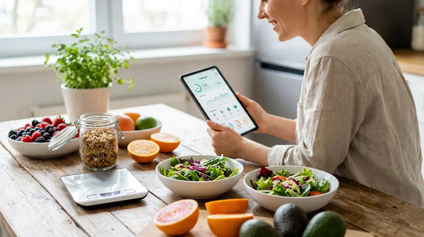 Dr Cohen nutritionniste : zoom sur le rééquilibrage Femme souriante consultant une application de santé sur tablette, entourée d'aliments sains et d'une balance de cuisine.