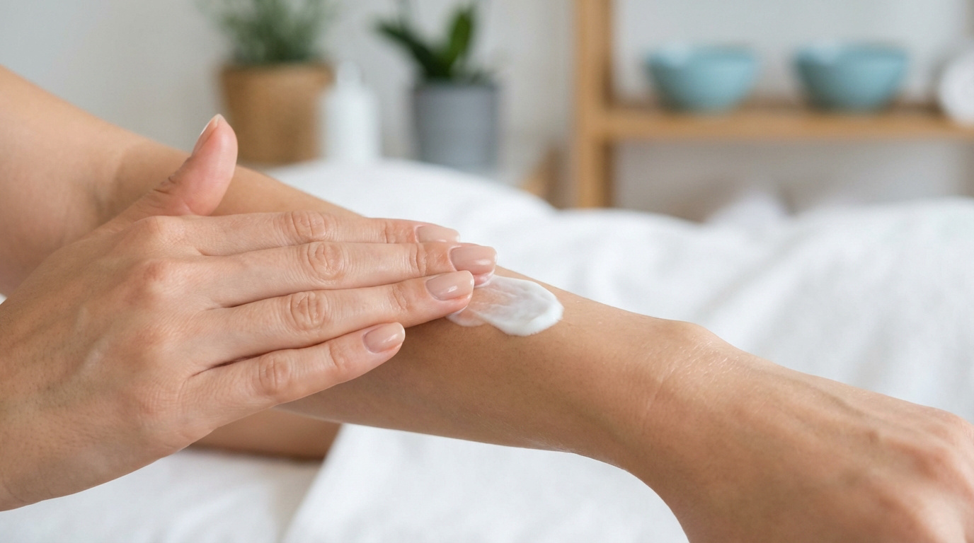 Une personne applique de la crème hydratante sur son avant-bras. Geste apaisant pour une peau douce, prévenant les poils incarnés.