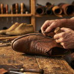 Un artisan cordonnier répare une chaussure en cuir marron, utilisant une alêne et du fil. Son atelier est rempli d'outils de métier.