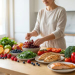 Une femme prépare divers aliments sains : fruits frais, légumes variés, poulet grillé et saumon, sur une table de cuisine lumineuse.
