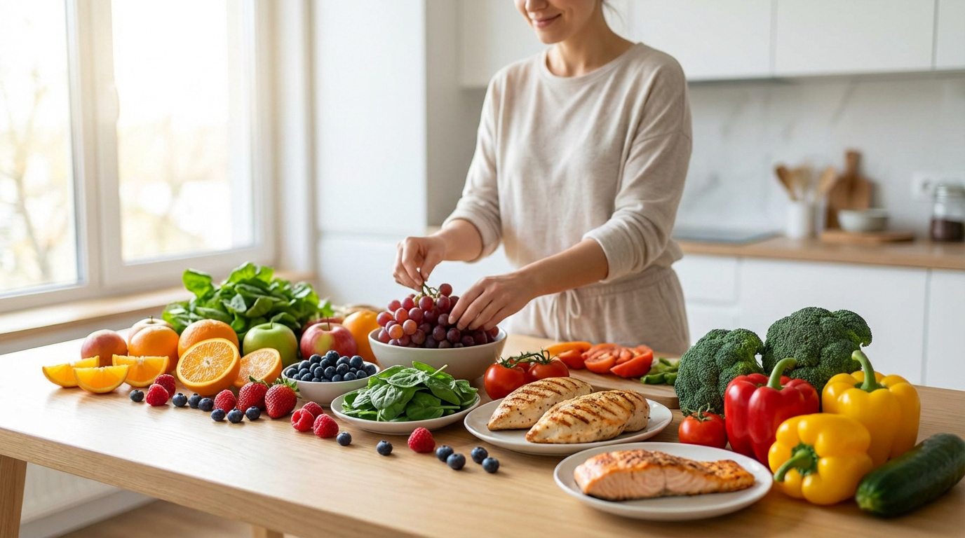 Une femme prépare divers aliments sains : fruits frais, légumes variés, poulet grillé et saumon, sur une table de cuisine lumineuse.