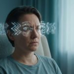 Femme assise, fronçant les sourcils, avec des motifs lumineux en zigzag autour des yeux, évoquant une aura de migraine.