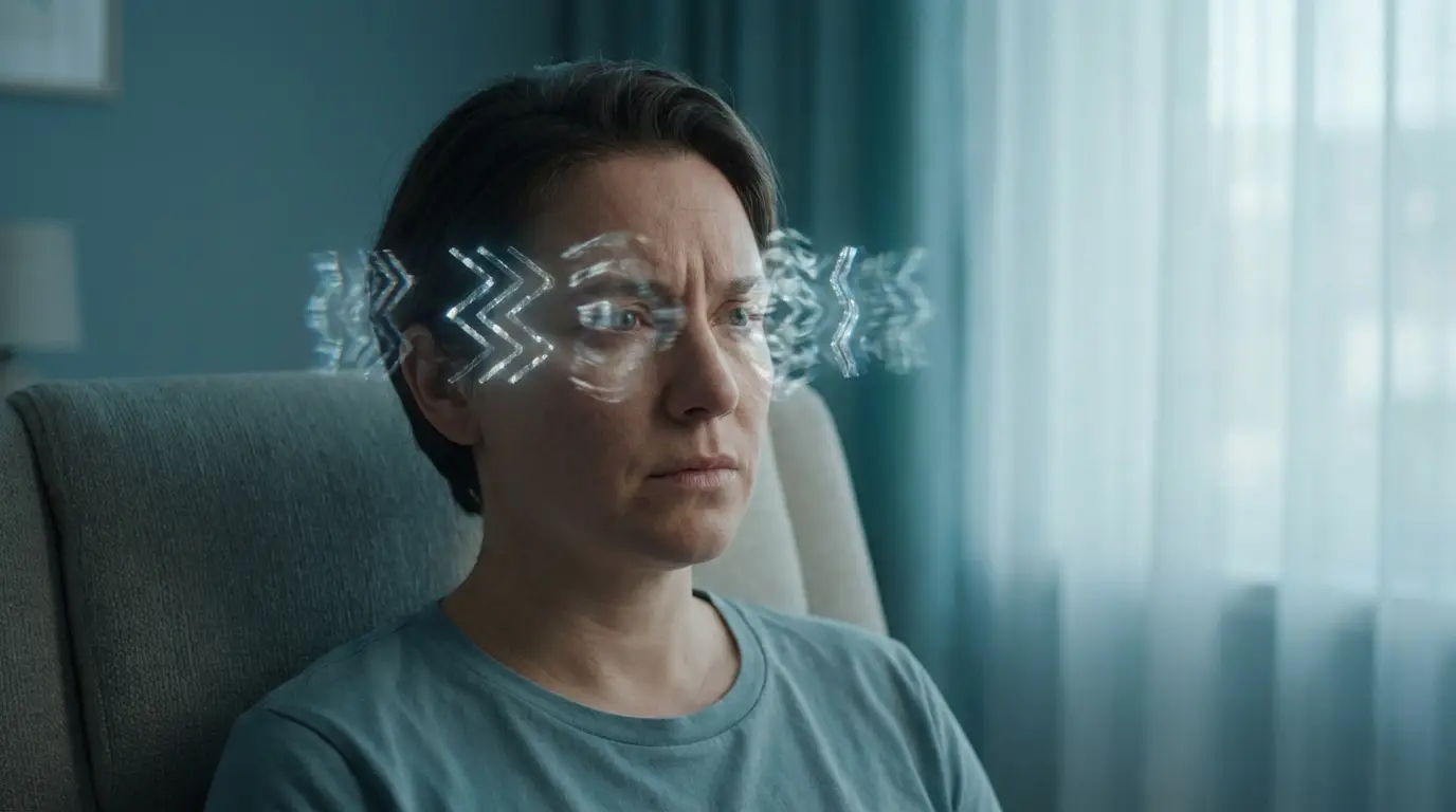 Migraine avec aura : comprendre et apaiser vos crises Femme assise, fronçant les sourcils, avec des motifs lumineux en zigzag autour des yeux, évoquant une aura de migraine.