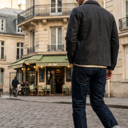 Edwin Paris : boutiques, denim japonais et style Un homme de dos, en jean et veste foncée, marche sur une rue pavée parisienne. Un café et des immeubles haussmanniens en arrière-plan.