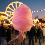 Main tenant une barbe à papa rose vif devant une fête foraine illuminée avec grande roue et foule.