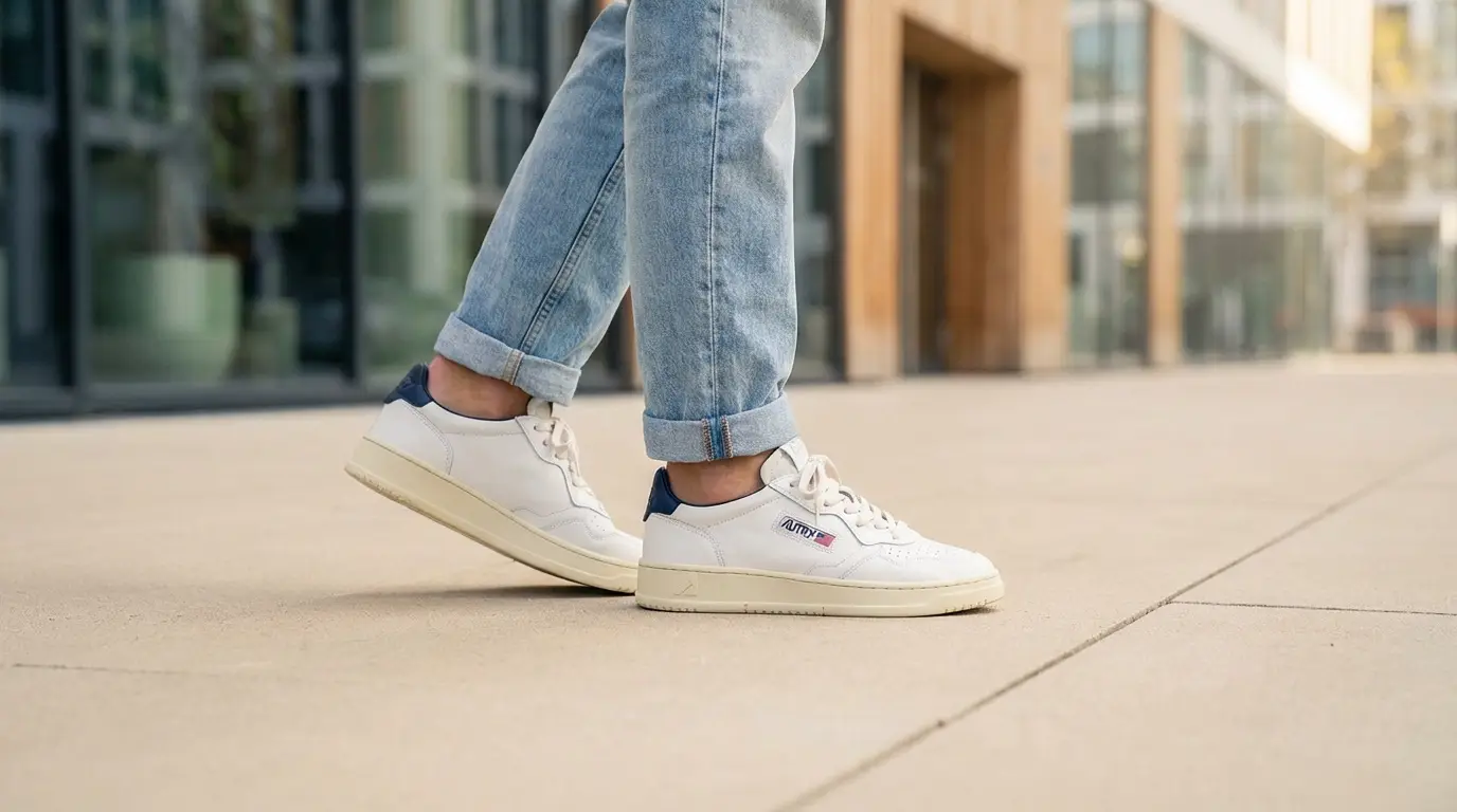La basket Autry : l’icône vintage qui domine le style Gros plan sur une personne portant des baskets Autry blanches avec un empiècement bleu marine, des jeans clairs roulottés, marchant en ville.