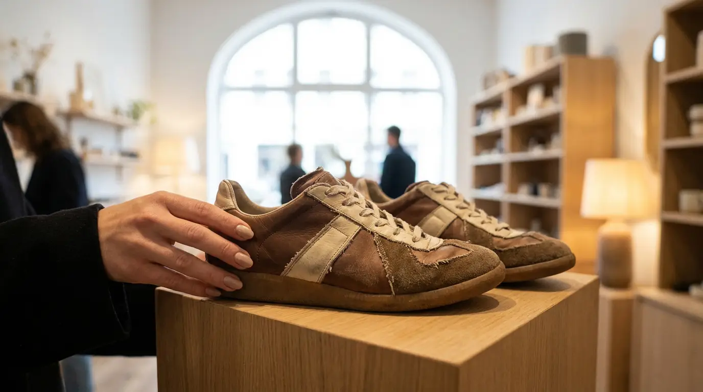 Guide des baskets Golden Goose et de leur style unique Main touchant une paire de baskets Golden Goose marron et beige au look vieilli, exposées dans une boutique lumineuse.