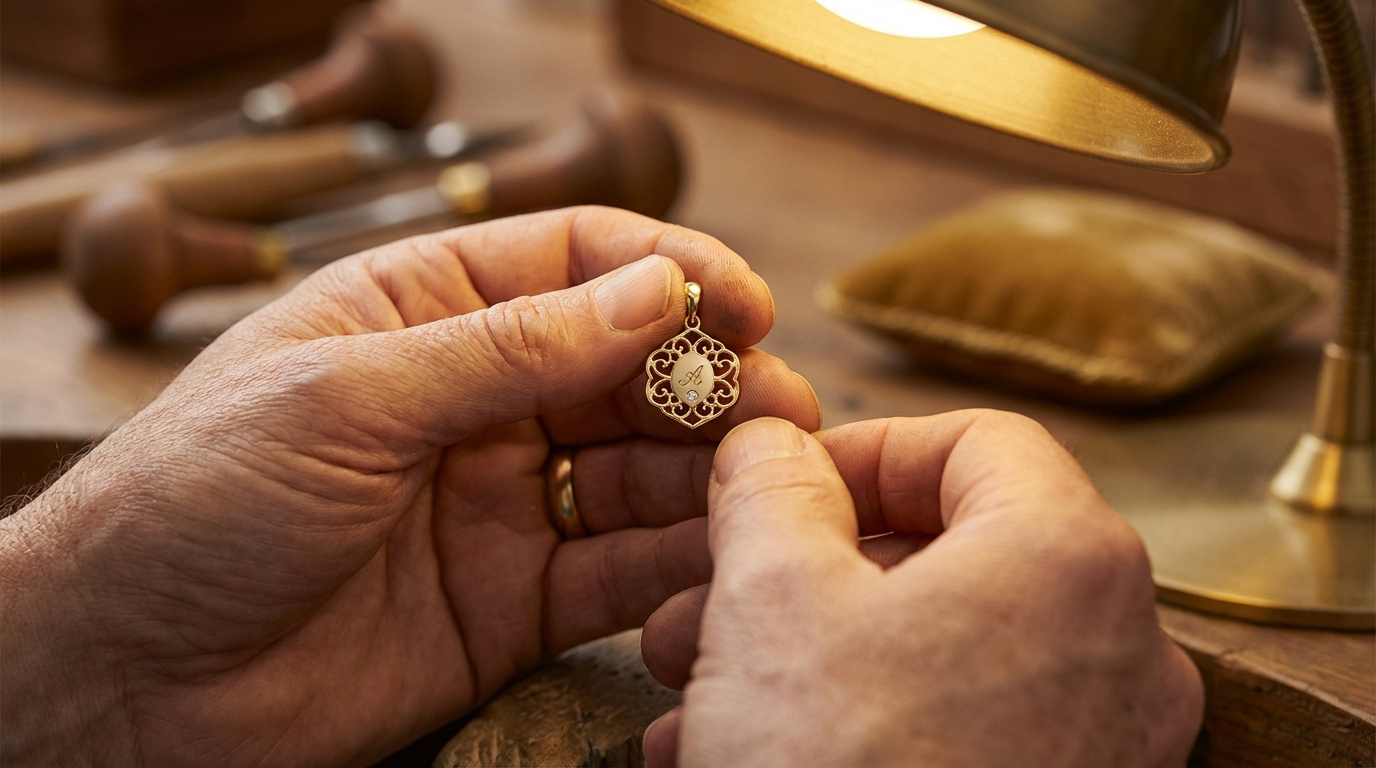 Soin des lèvres : adoptez la routine idéale en 2026 Gros plan sur les mains d'un joaillier tenant un pendentif en or personnalisé avec la lettre A et un diamant, sous une lampe de travail.