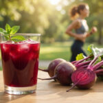 Verre de jus de betterave glacé avec menthe, betteraves fraîches coupées et entières sur table. Coureuse en arrière-plan dans un parc.