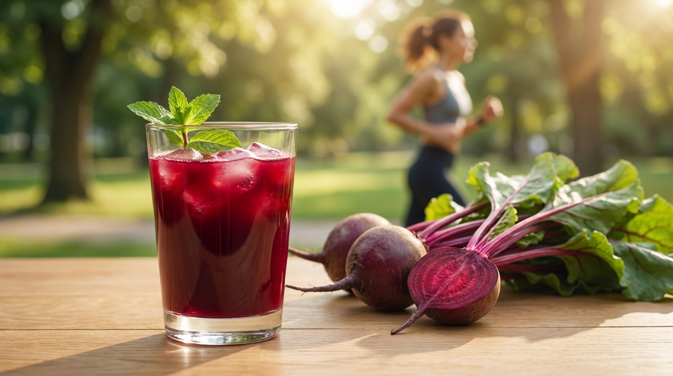 Jus de betterave : les bienfaits de cette boisson santé Verre de jus de betterave glacé avec menthe, betteraves fraîches coupées et entières sur table. Coureuse en arrière-plan dans un parc.