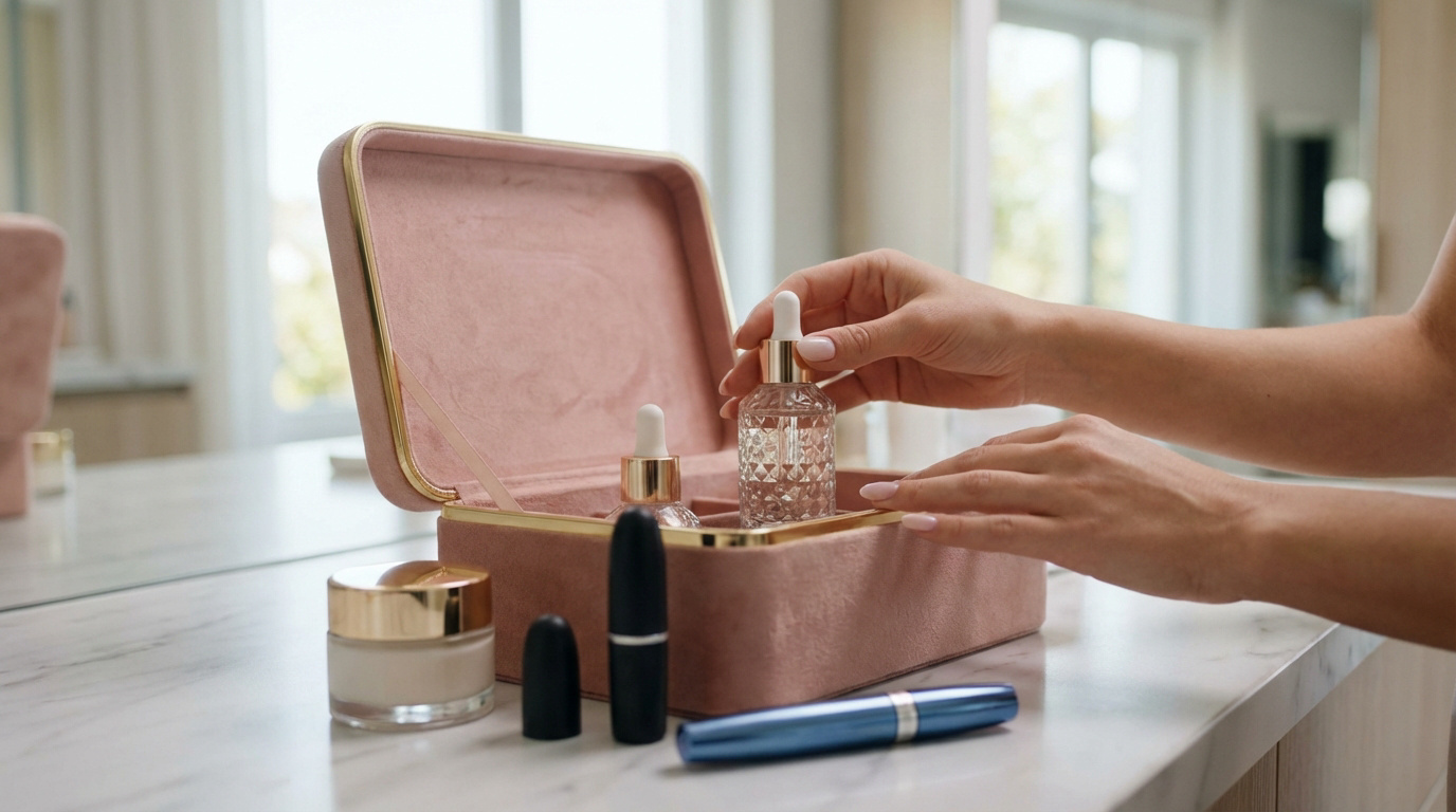 My Beauty Factory : l’excellence pour votre routine Mains féminines plaçant un sérum dans une boîte de beauté rose en velours. Crème, rouge à lèvres et mascara sur un comptoir clair.