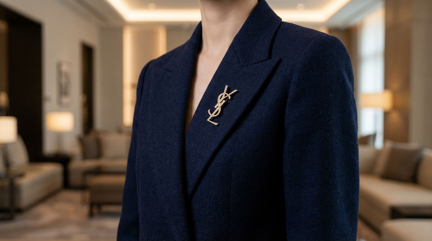 Une broche YSL dorée scintillante orne le revers d'un blazer bleu marine. Le fond est un intérieur luxueux flou.