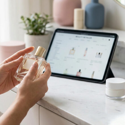 Notino avis : ce qu’il faut savoir sur l’expert beauté Mains tenant un flacon de parfum transparent, avec une tablette affichant une boutique de beauté en ligne en arrière-plan.