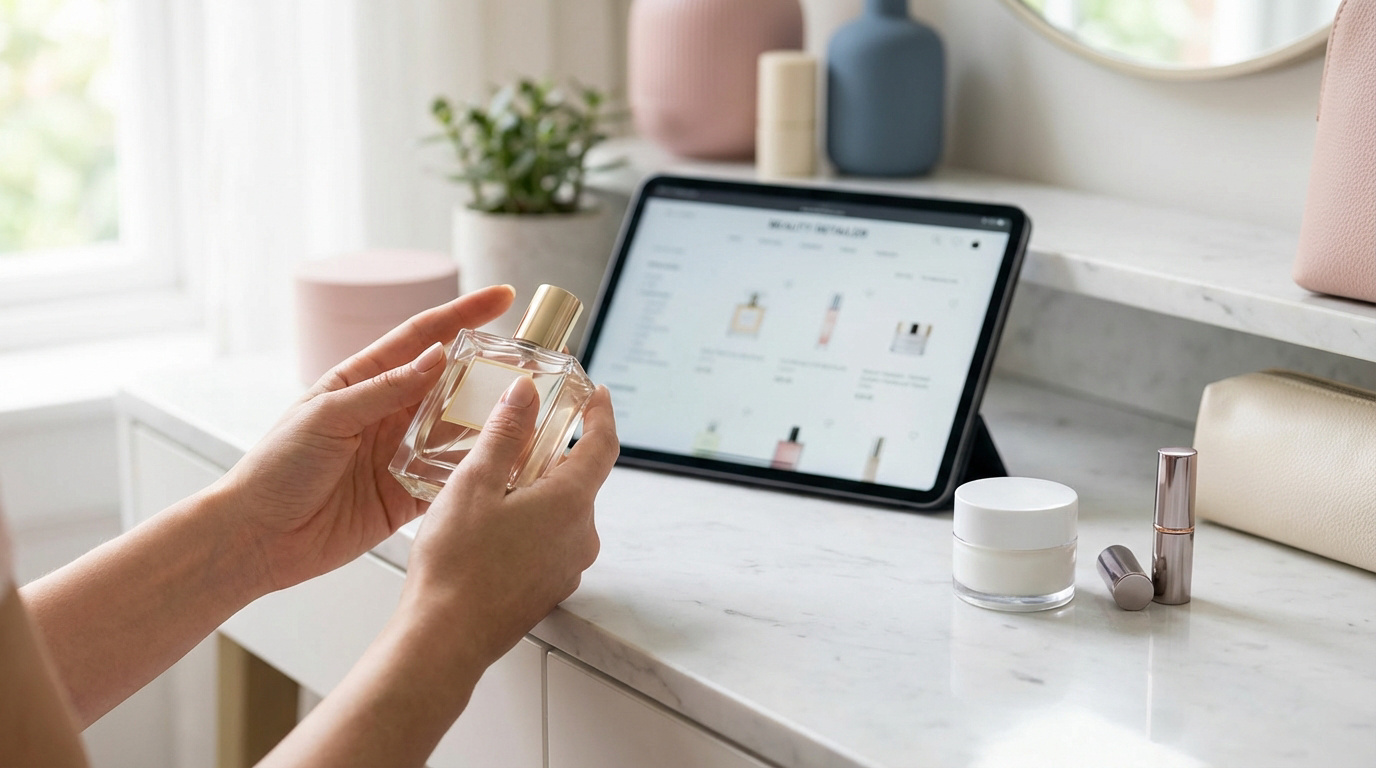 Notino avis : ce qu’il faut savoir sur l’expert beauté Mains tenant un flacon de parfum transparent, avec une tablette affichant une boutique de beauté en ligne en arrière-plan.