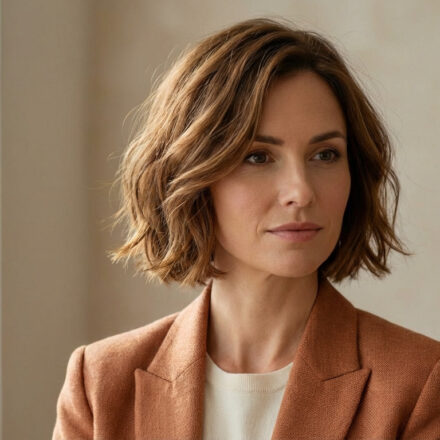Sublimer son visage avec la coupe carré dégradé en 2026 Portrait d'une femme avec un carré dégradé châtain wavy, vêtue d'une veste marron, regardant à droite.