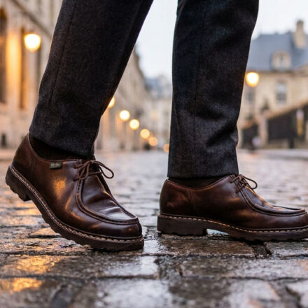 Pourquoi les chaussures Paraboot sont les icônes du style Gros plan sur une personne portant des chaussures Paraboot marron et un pantalon gris, marchant sur des pavés mouillés.