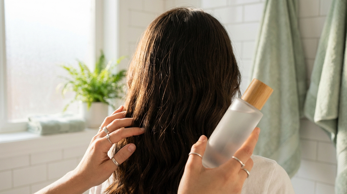 Pourquoi choisir un shampoing sans sulfate en 2026 Vue de dos d'une personne aux cheveux bruns ondulés appliquant un produit capillaire depuis une bouteille en verre dans une salle de bain lumineuse.