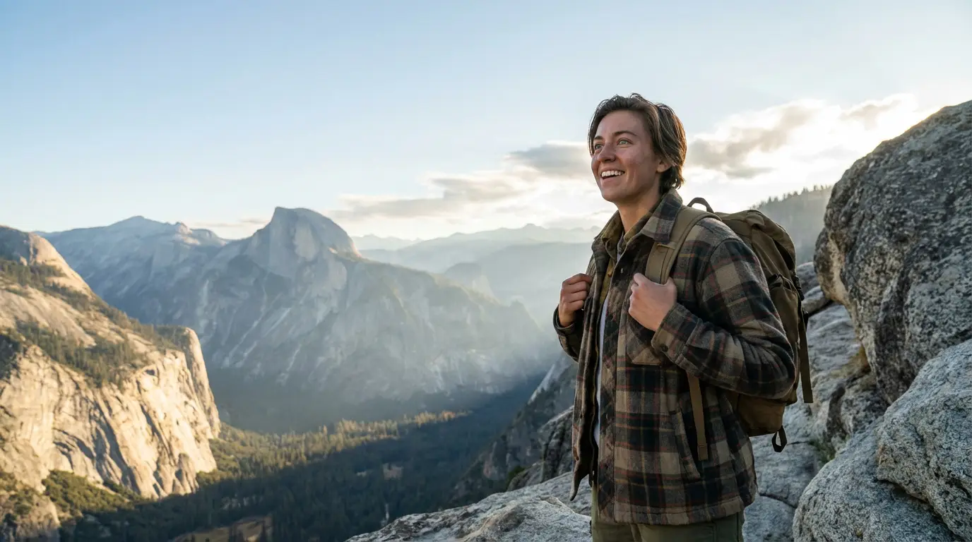 Jeune personne souriante avec un sac à dos, admirant un vaste paysage montagneux et une vallée profonde sous un ciel lumineux.