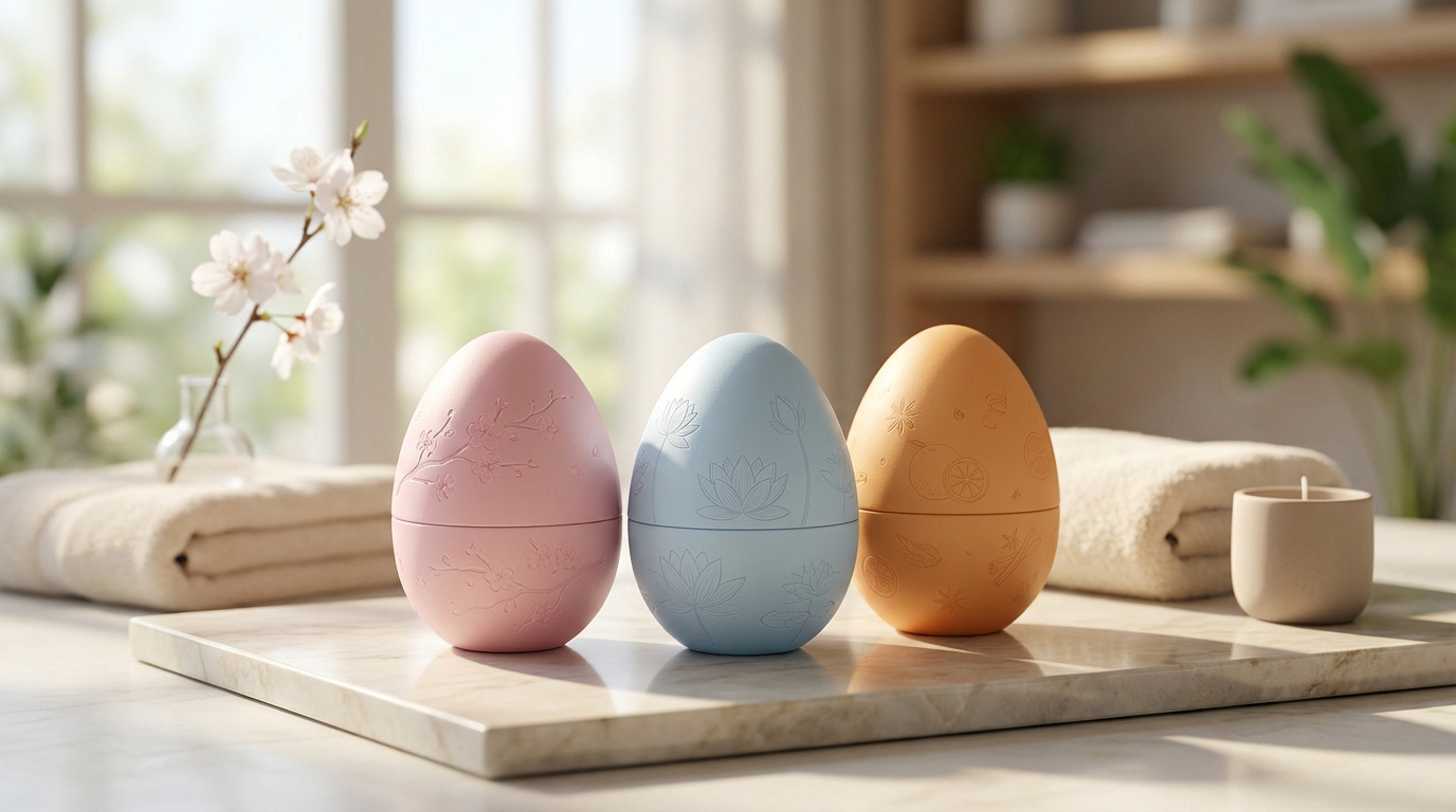 Trois œufs de Pâques Rituals pastel (rose, bleu, orange) avec motifs floraux sur plateau de marbre, dans un décor spa lumineux.