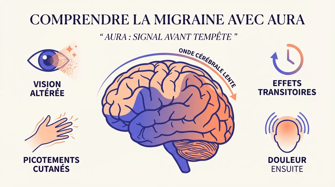 Illustration des scotomes visuels et des perturbations sensorielles d'une migraine avec aura