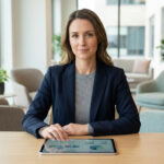 Femme professionnelle en blazer bleu assise à une table, consultant une tablette avec des données dans un bureau moderne.