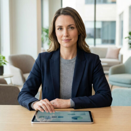 Trouver le meilleur chirurgien esthétique : nos critères Femme professionnelle en blazer bleu assise à une table, consultant une tablette avec des données dans un bureau moderne.