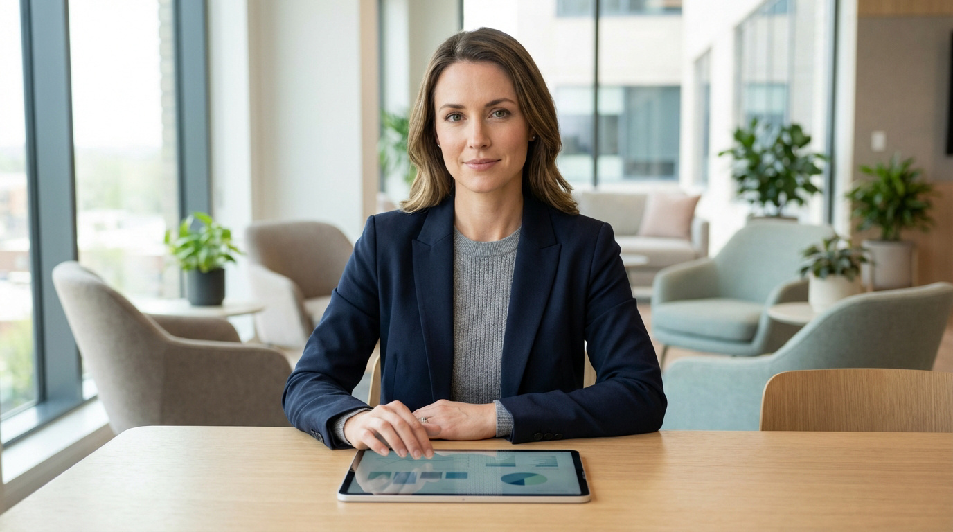Trouver le meilleur chirurgien esthétique : nos critères Femme professionnelle en blazer bleu assise à une table, consultant une tablette avec des données dans un bureau moderne.