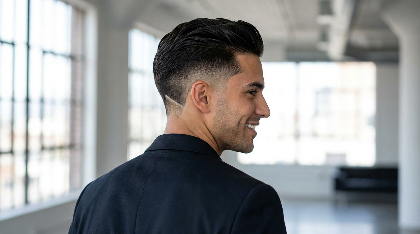 Jeune homme souriant, de profil, avec une coupe dégradée sculptée, cheveux plaqués en arrière et un motif rasé distinct.