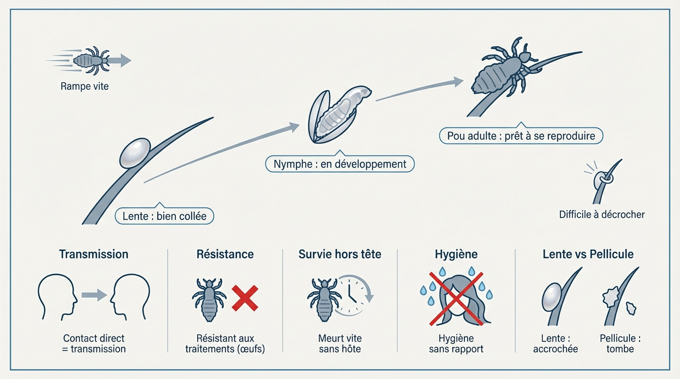 Schéma du cycle de vie du pou de la lente à l'adulte