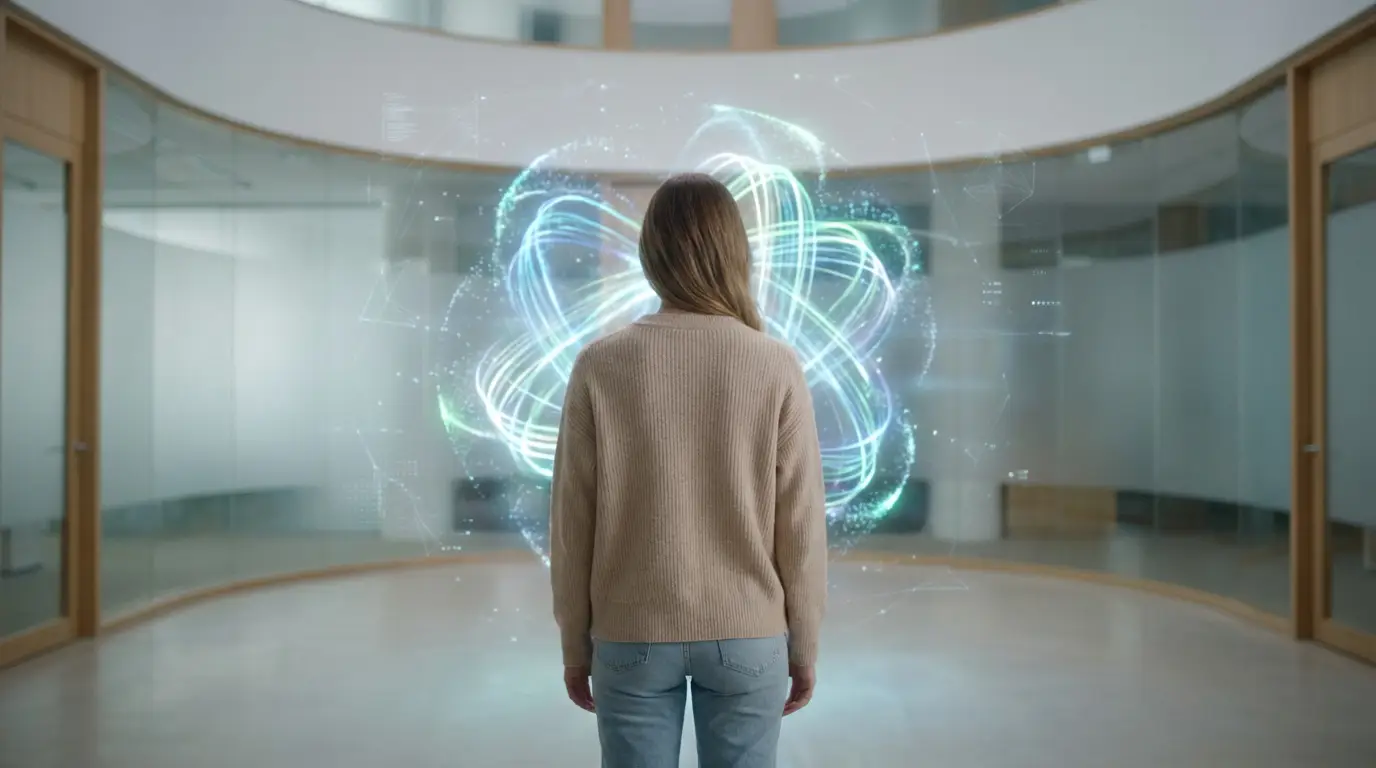 Endométriose profonde : comprendre les lésions et les soins Une femme observe une projection holographique complexe et lumineuse dans un espace moderne, évoquant l'analyse de données médicales.