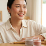 Femme souriante au teint frais, penchée sur une table avec des pots de cosmétiques et une brosse, dans une ambiance lumineuse.