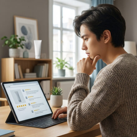 Jeune homme consultant des avis sur un produit cosmétique flottant, avec des étoiles et notes sur une tablette.