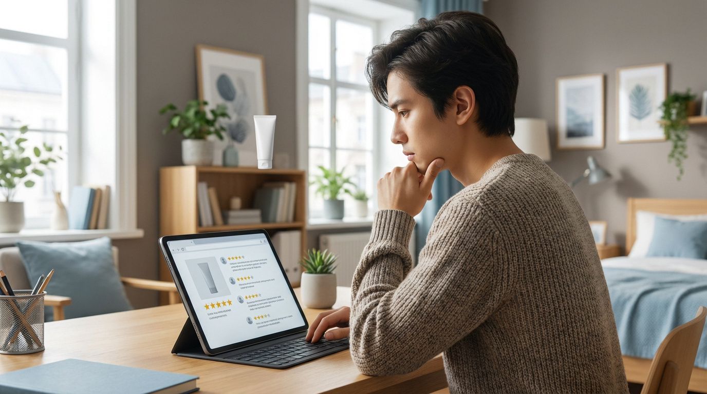 Jeune homme consultant des avis sur un produit cosmétique flottant, avec des étoiles et notes sur une tablette.