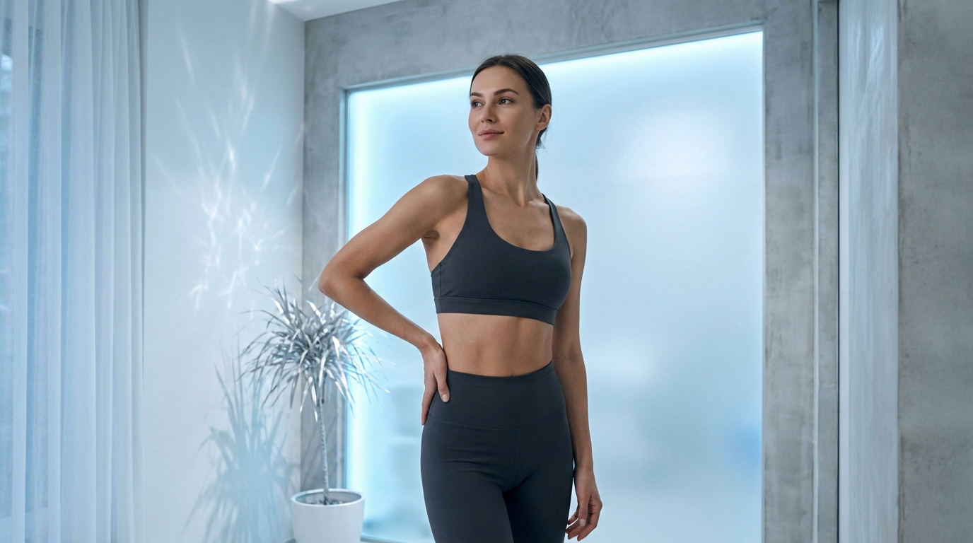 Jeune femme tonique en tenue de sport sombre, posant avec confiance dans un environnement lumineux et moderne.