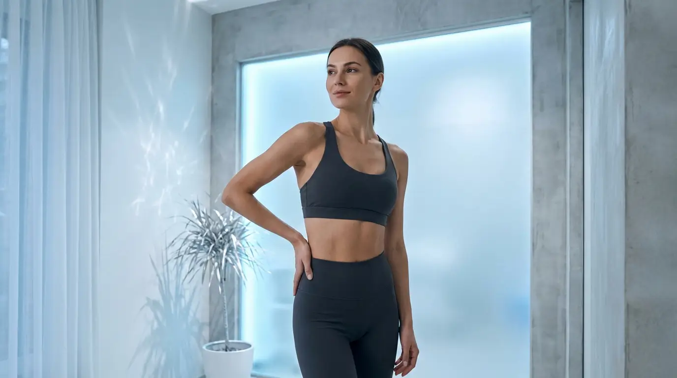 Jeune femme tonique en tenue de sport sombre, posant avec confiance dans un environnement lumineux et moderne.