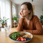 Femme pensive devant un bol de repas équilibré (épinards, lentilles, pois chiches, baies) et un verre d'eau.