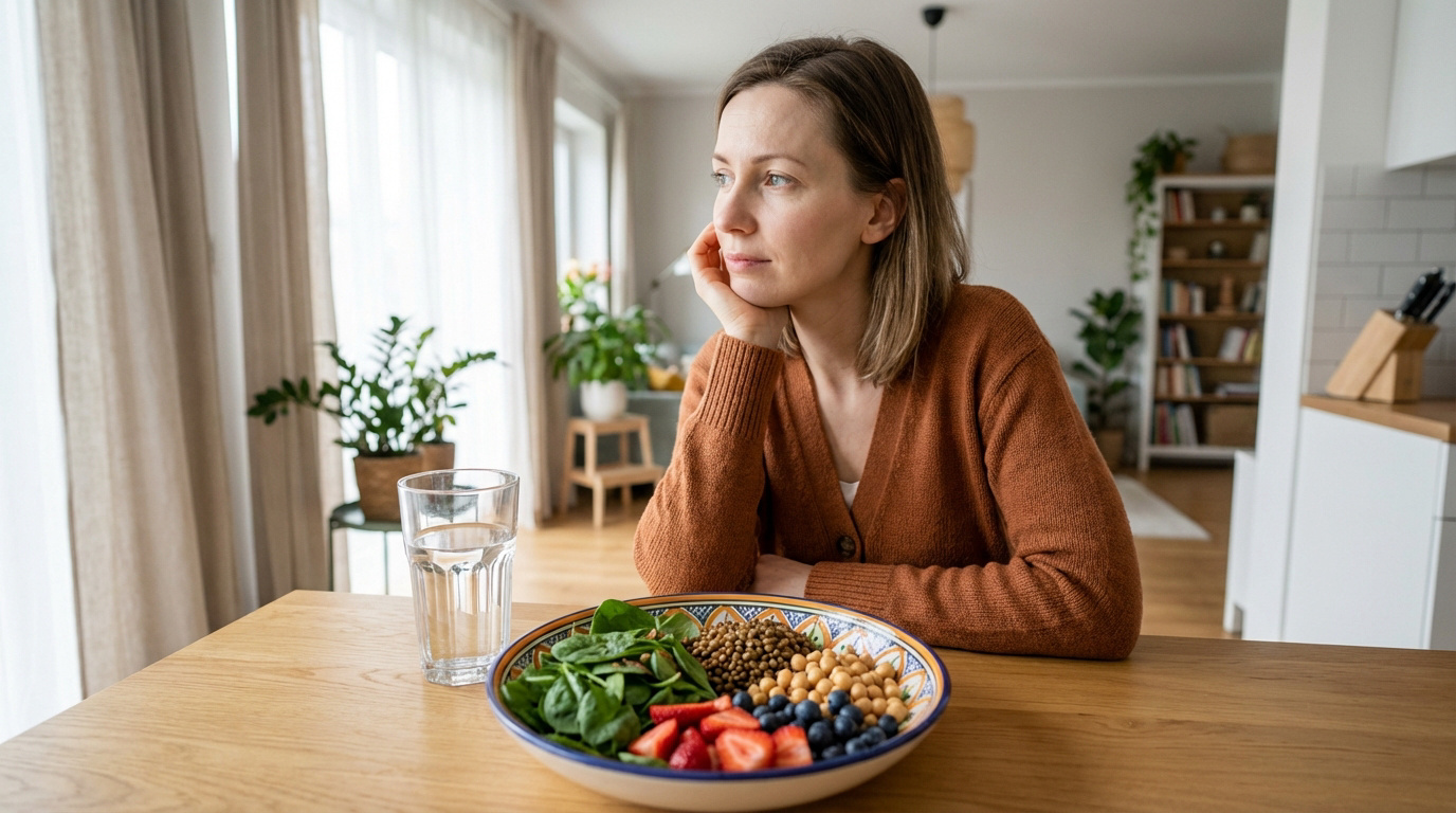 Comment reconnaître un symptôme de manque de fer et réagir Femme pensive devant un bol de repas équilibré (épinards, lentilles, pois chiches, baies) et un verre d'eau.