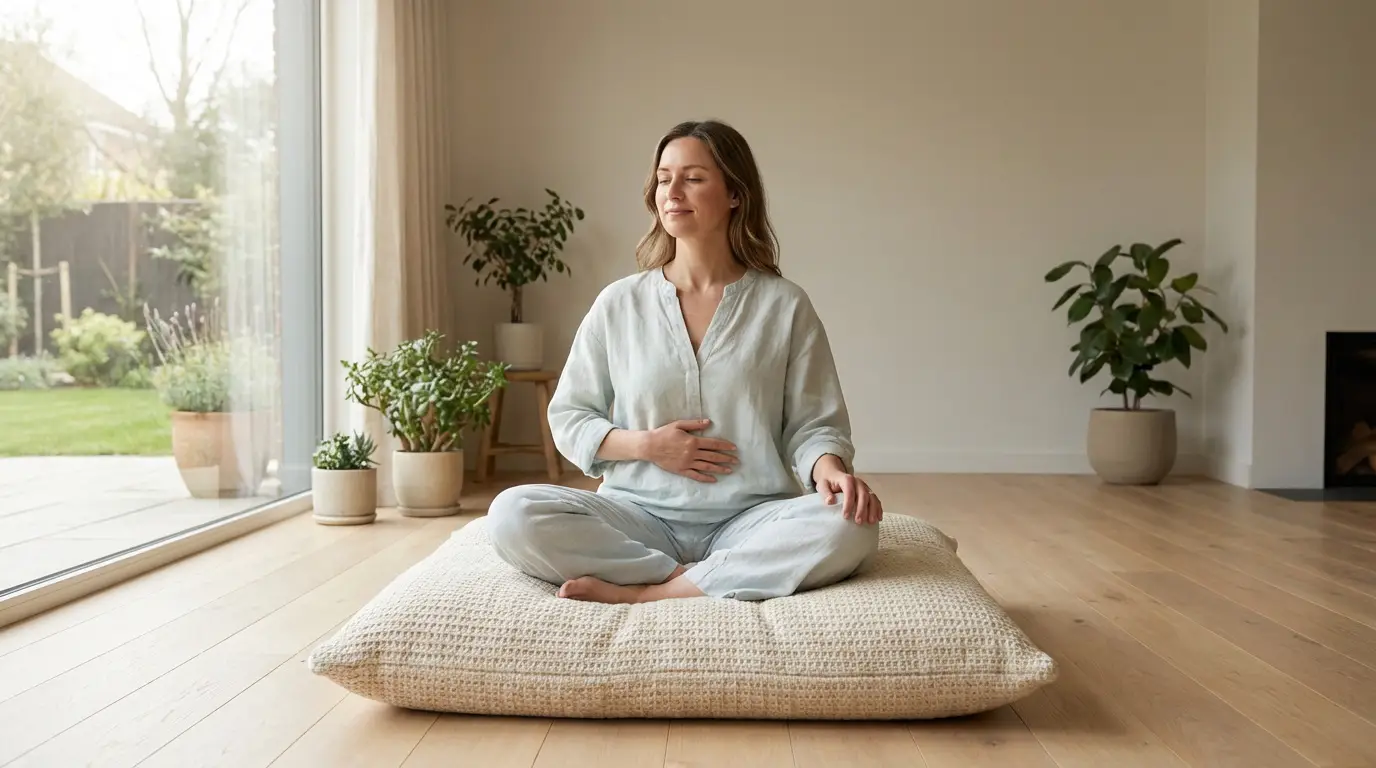 Éliminer les gaz intestinaux et retrouver un ventre plat Femme sereine méditant, main sur son ventre, assise en tailleur sur un coussin. Fenêtre donnant sur un jardin verdoyant.