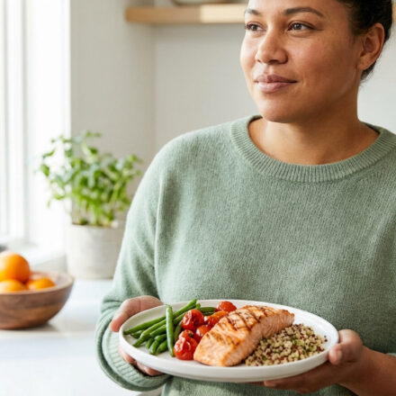 Comme j’aime avis : efficacité et réalité du programme Femme souriante en cuisine tenant une assiette équilibrée : saumon grillé, haricots verts, tomates cerises et quinoa.