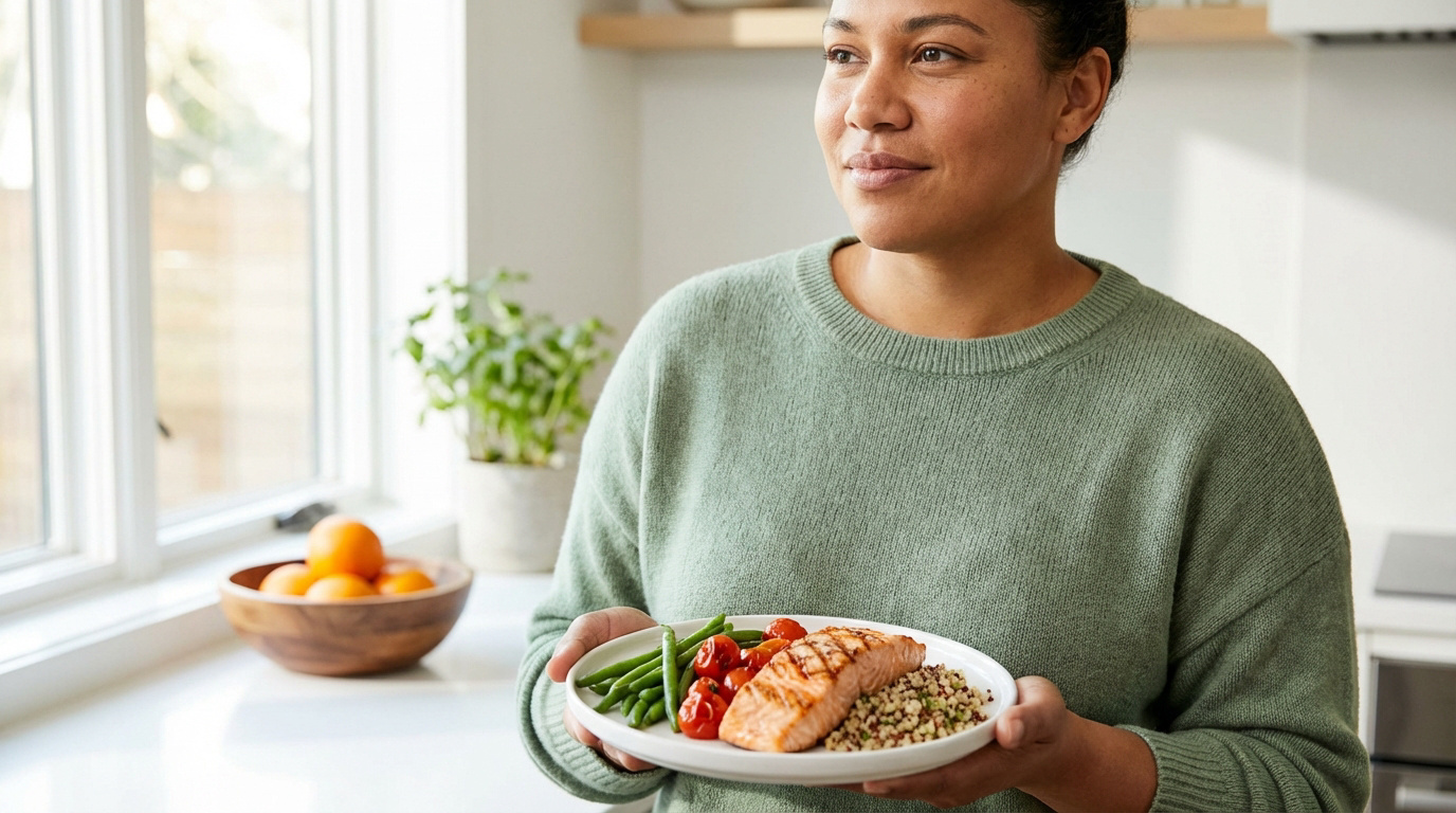 Comme j’aime avis : efficacité et réalité du programme Femme souriante en cuisine tenant une assiette équilibrée : saumon grillé, haricots verts, tomates cerises et quinoa.