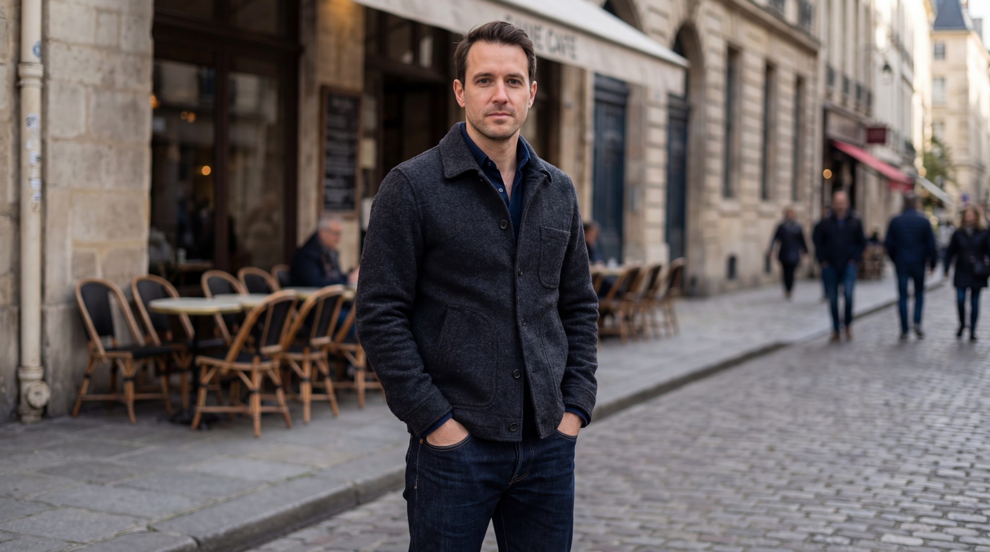 Un homme élégant en veste grise et jean bleu pose dans une rue pavée devant un café parisien. D'autres passants sont en arrière-plan.